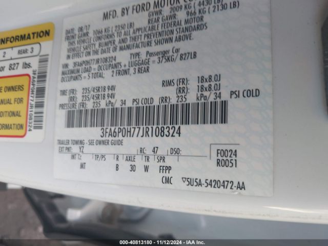 3FA6P0H77JR108324 Ford FUSION SE