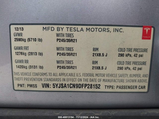 2013 TESLA MODEL S 5YJSA1CN9DFP28152 Photo 8