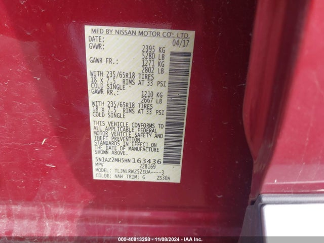 Nissan MURANO SL 2017 5N1AZ2MH5HN163436 Image 9