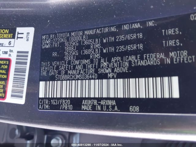5TDBBRCH3MS036440 Toyota Highlander Hybrid Le