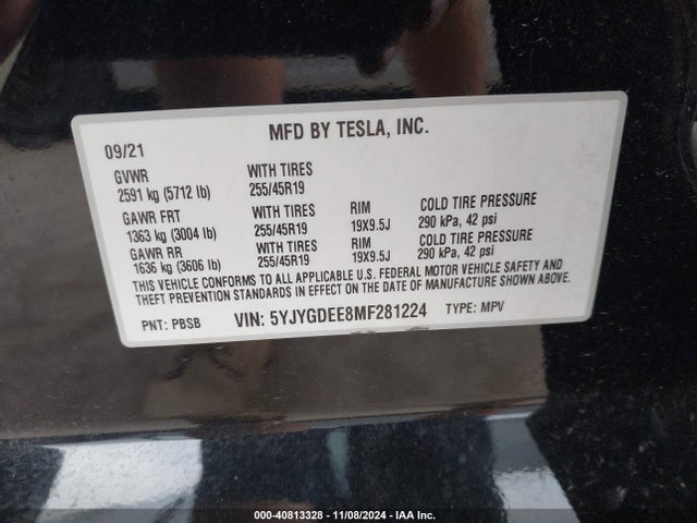 2021 TESLA MODEL Y 5YJYGDEE8MF281224 Photo 8