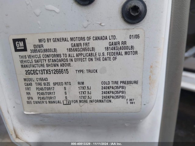 Aukcja sprzedaży 2005 Chevrolet Silverado 1500 Lt, vin: 2GCEC13TX51266615, numer aukcji: 40813329