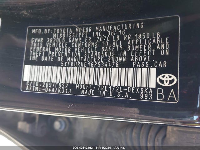 5YFBURHE1GP534478 Toyota Corolla S Plus