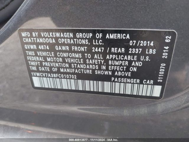 1VWCV7A38FC010702 Volkswagen Passat 2.0l Tdi Sel Premium