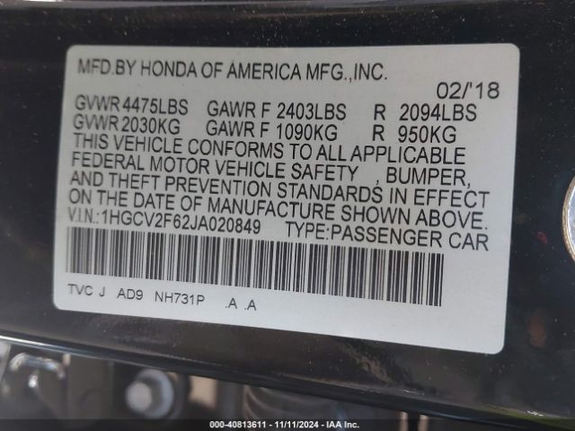 1HGCV2F62JA020849 Honda Accord Ex-l 2.0t