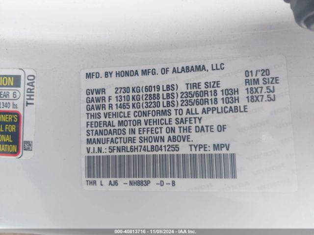 5FNRL6H74LB041255 Honda Odyssey Ex-l/ex-l W/navi   Res