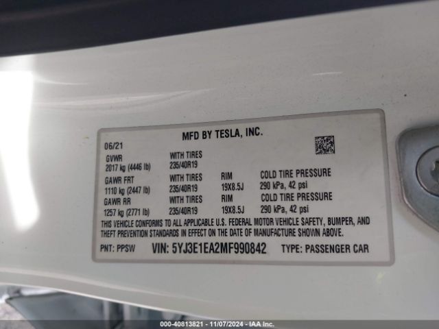 5YJ3E1EA2MF990842 Tesla Model 3 Standard Range Plus Rear-wheel Drive