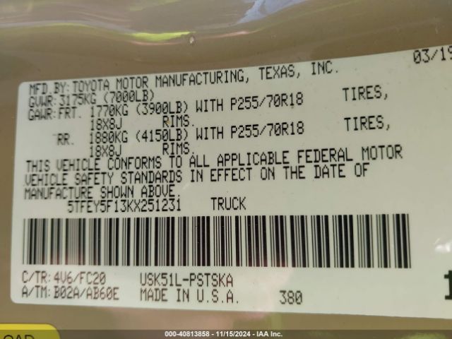5TFEY5F13KX251231 Toyota Tundra Sr5 5.7l V8