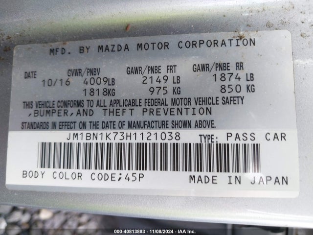 JM1BN1K73H1121038 Mazda Mazda3 Sport