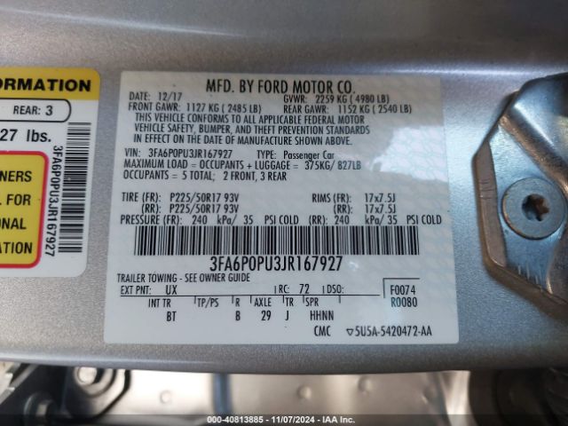 3FA6P0PU3JR167927 Ford Fusion Energi Se Luxury