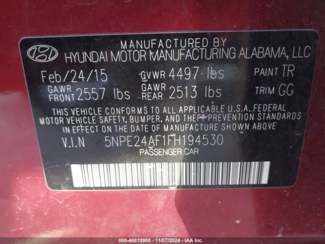 5NPE24AF1FH194530 Hyundai SONATA SE