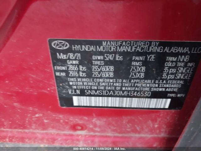 5NMS1DAJ0MH346530 Hyundai Santa Fe Se