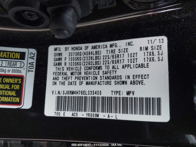 Honda Cr-v Ex-l 2014 5J6RM4H76EL035405 Image 9