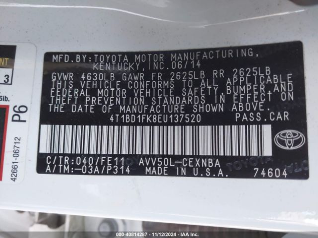 4T1BD1FK8EU137520 Toyota Camry Hybrid Le