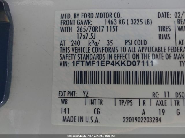 1FTMF1EP4KKD07111 Ford F-150 Xl