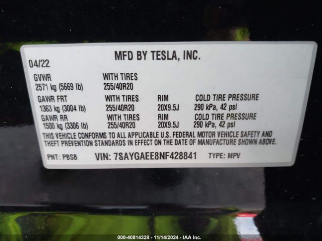 7SAYGAEE8NF428841 Tesla Model Y Long Range Dual Motor All-wheel Drive