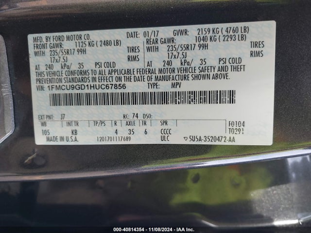 Ford ESCAPE SE 2017 1FMCU9GD1HUC67856 Image 9
