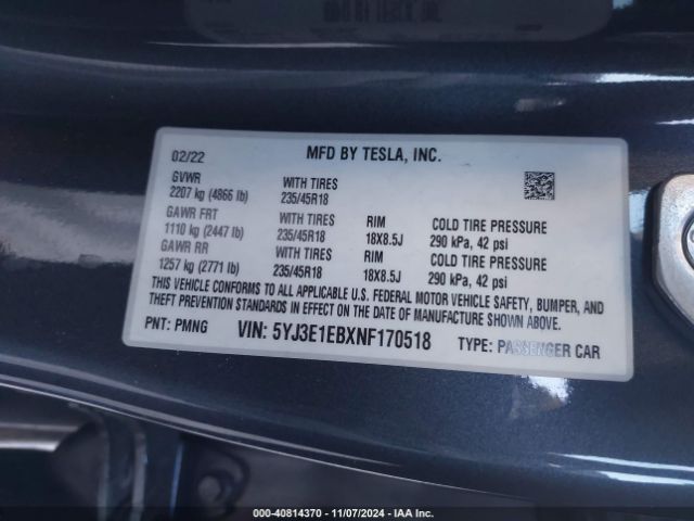 5YJ3E1EBXNF170518 Tesla Model 3 Long Range Dual Motor All-wheel Drive