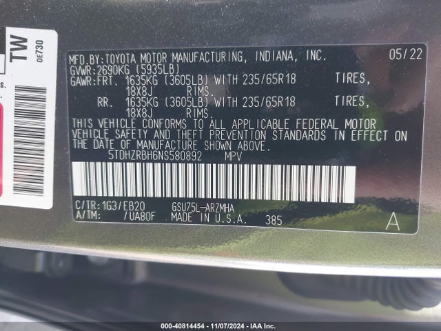 Toyota Highlander Xle 2022 5TDHZRBH6NS580892 Image 9