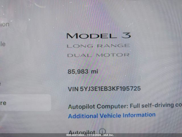5YJ3E1EB3KF195725 Tesla Model 3 Long Range/performance