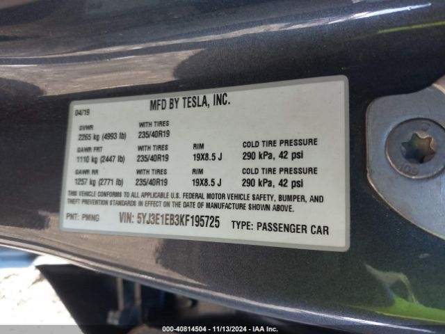 5YJ3E1EB3KF195725 Tesla Model 3 Long Range/performance