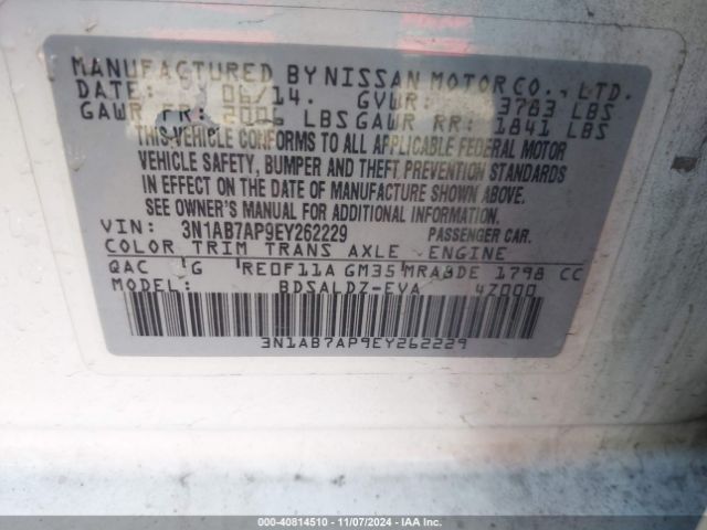 3N1AB7AP9EY262229 Nissan Sentra Fe+ S/fe+ Sv/s/sl/sr/sv