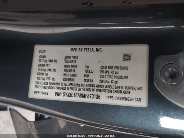 5YJ3E1EA8MF873136 Tesla Model 3 Standard Range Plus Rear-wheel Drive