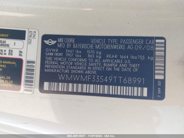 2009 MINI COOPER WMWMF33549TT68991 Photo 8