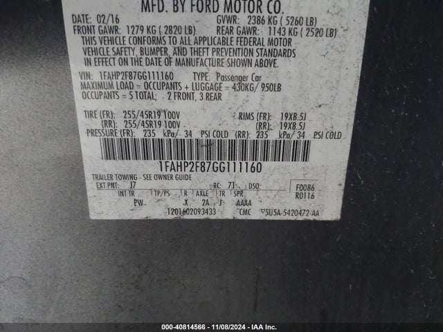 Ford Taurus Limited 2016 1FAHP2F87GG111160 Image 9