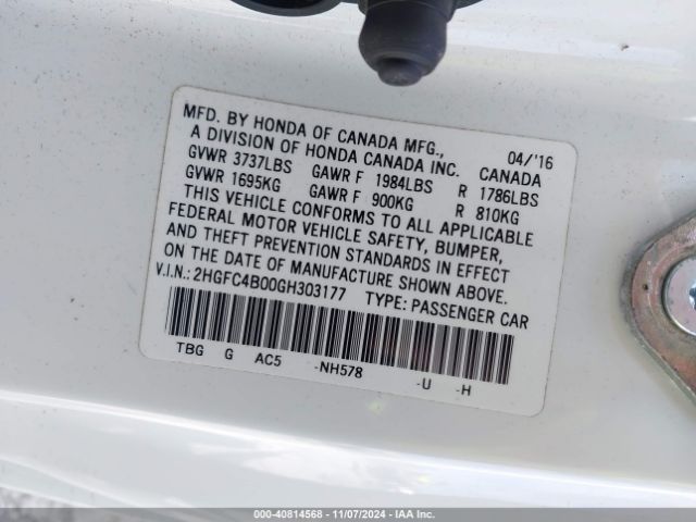2HGFC4B00GH303177 Honda Civic Lx-p