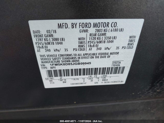 Ford EXPLORER XLT 2018 1FM5K8D85JGB09945 Image 9