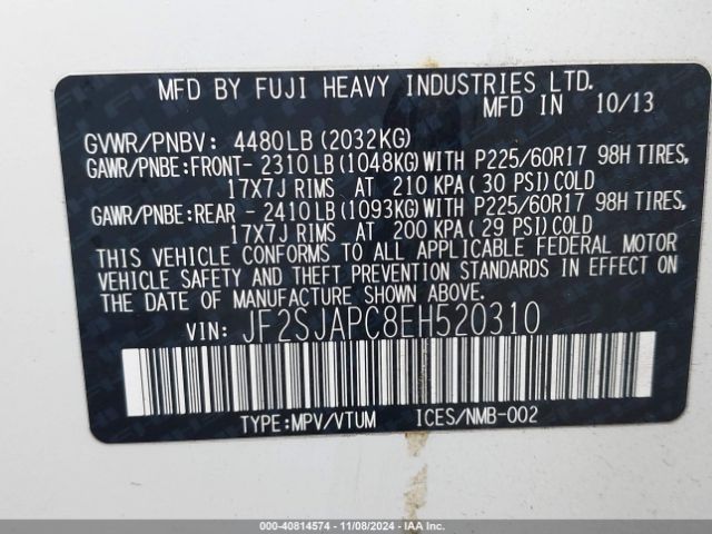 JF2SJAPC8EH520310 Subaru Forester 2.5i Touring