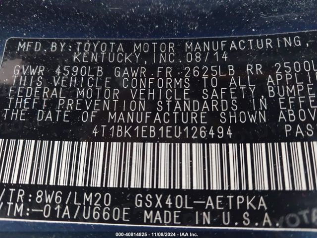 4T1BK1EB1EU126494 Toyota AVALON LIMITED