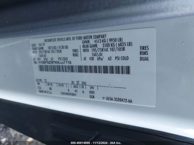 1FDBF8ZM7KKA87118 Ford Transit-350 Cab
