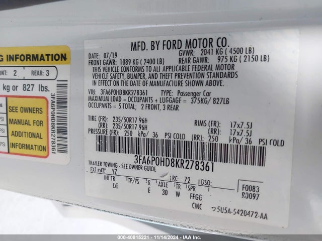 Ford FUSION SE 2019 3FA6P0HD8KR278361 Image 9