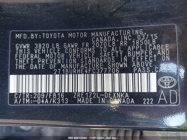 Toyota COROLLA LE 2015 2T1BURHE4FC377706 Image 9