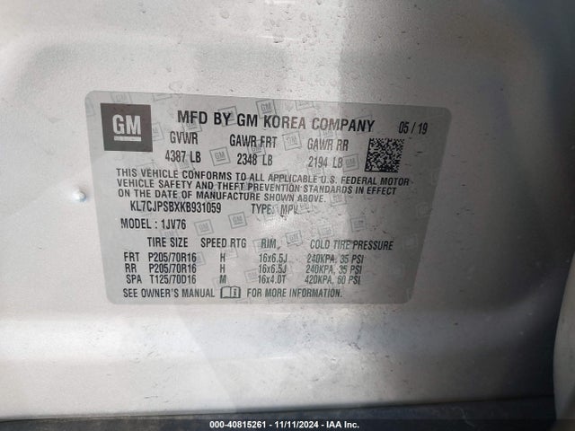 Chevrolet Trax Lt 2019 KL7CJPSBXKB931059 Image 9