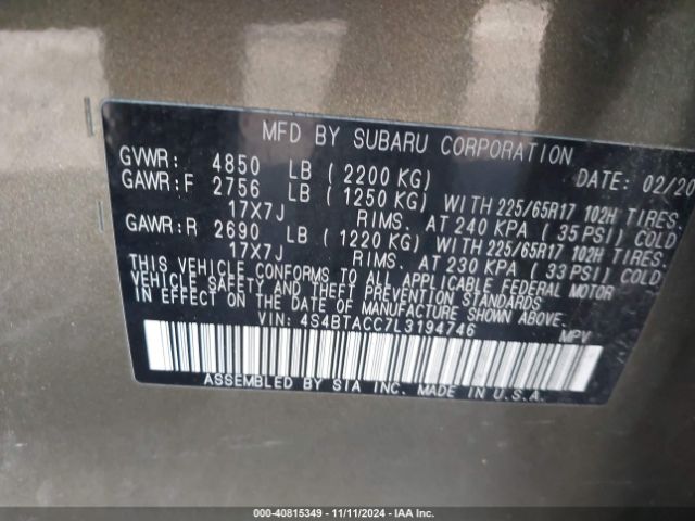 4S4BTACC7L3194746 Subaru Outback Premium