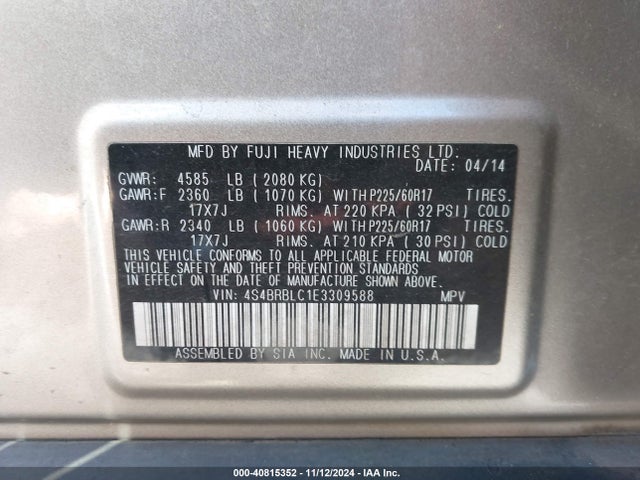 Subaru Outback 2.5i Limited 2014 4S4BRBLC1E3309588 Image 9