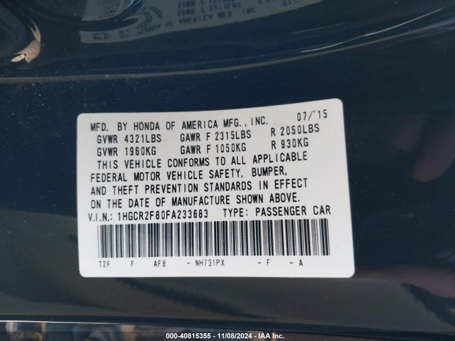 Honda Accord Ex-l 2015 1HGCR2F80FA233683 Image 9