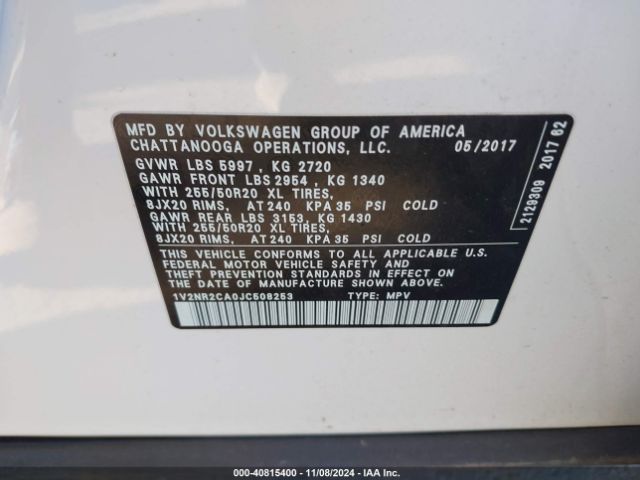 1V2NR2CA0JC508253 Volkswagen Atlas 3.6l V6 Sel Premium