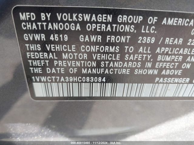 1VWCT7A39HC083084 Volkswagen Passat 1.8t Sel Premium