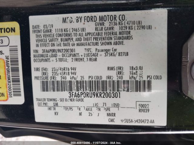 3FA6P0RU9KR200301 Ford Fusion Hybrid Titanium