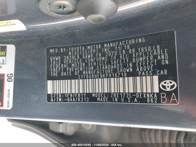 Toyota COROLLA LE 2019 5YFBURHE8KP918718 Image 9