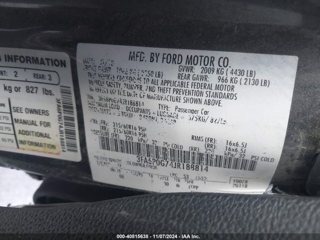 3FA6P0G74JR188814 Ford FUSION S