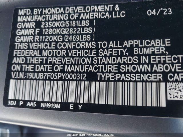 19UUB7F05PY000312 Acura Tlx Type S/type S Pmc Edition