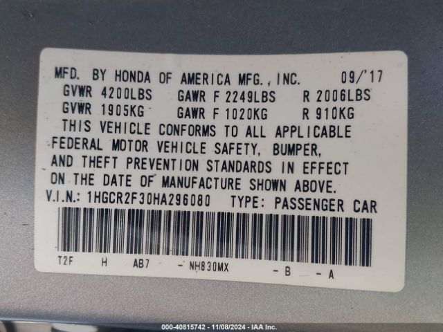 1HGCR2F30HA296080 Honda ACCORD LX