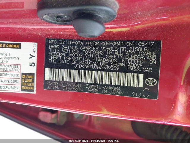 JTDKARFU7H3539259 Toyota Prius Three