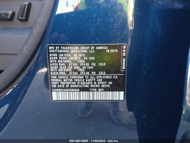 1V2WR2CA4KC599808 Volkswagen Atlas 3.6l V6 Se W/technology