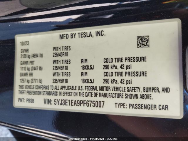 5YJ3E1EA9PF675007 Tesla Model 3 Rear-wheel Drive